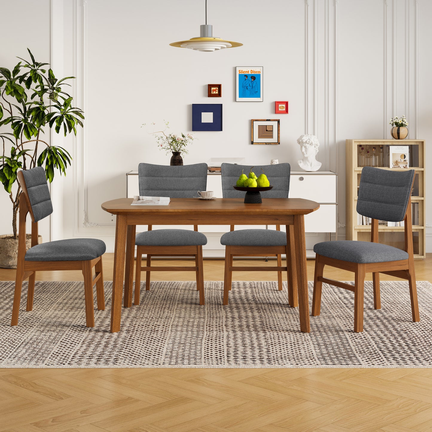 Farmhouse Dining Table Set for 4 with Upholstered Chairs - Brown & Gray
