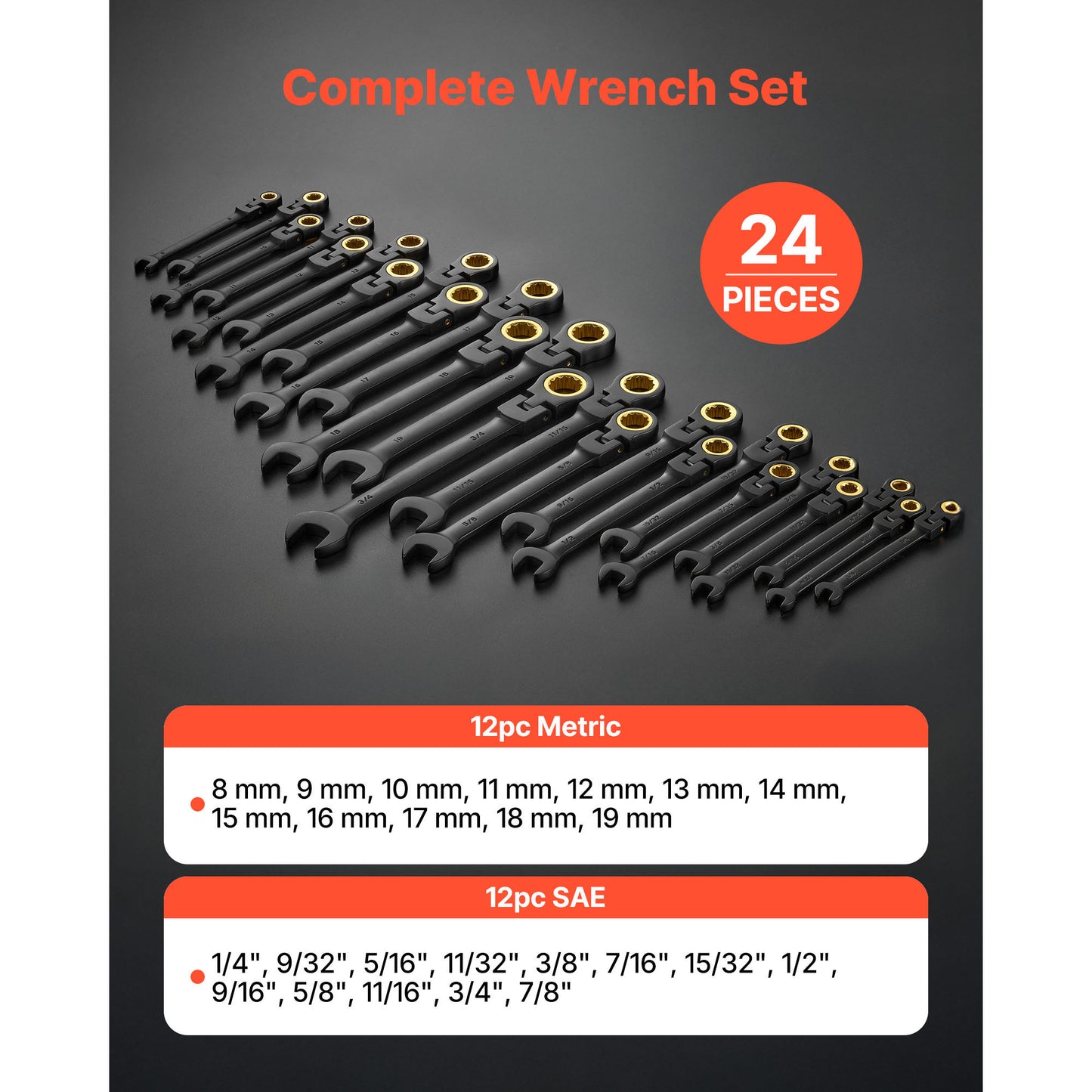 24-Piece Ratcheting Wrench Set - SAE & Metric, Flexible, Cr-V Steel with Storage Case