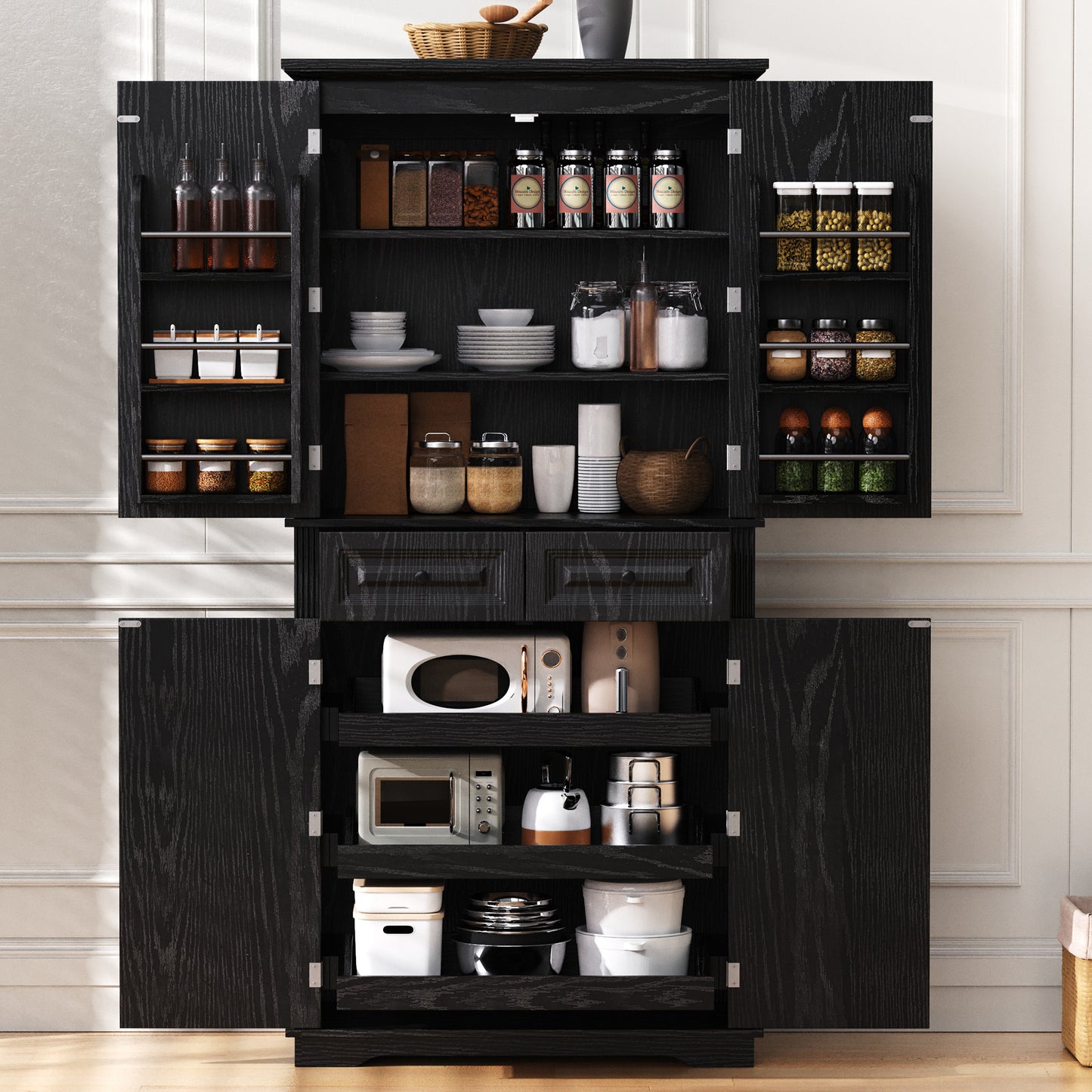 K&K 71 Tall Kitchen Pantry Cabinet With 3 Pull Out Organizers,