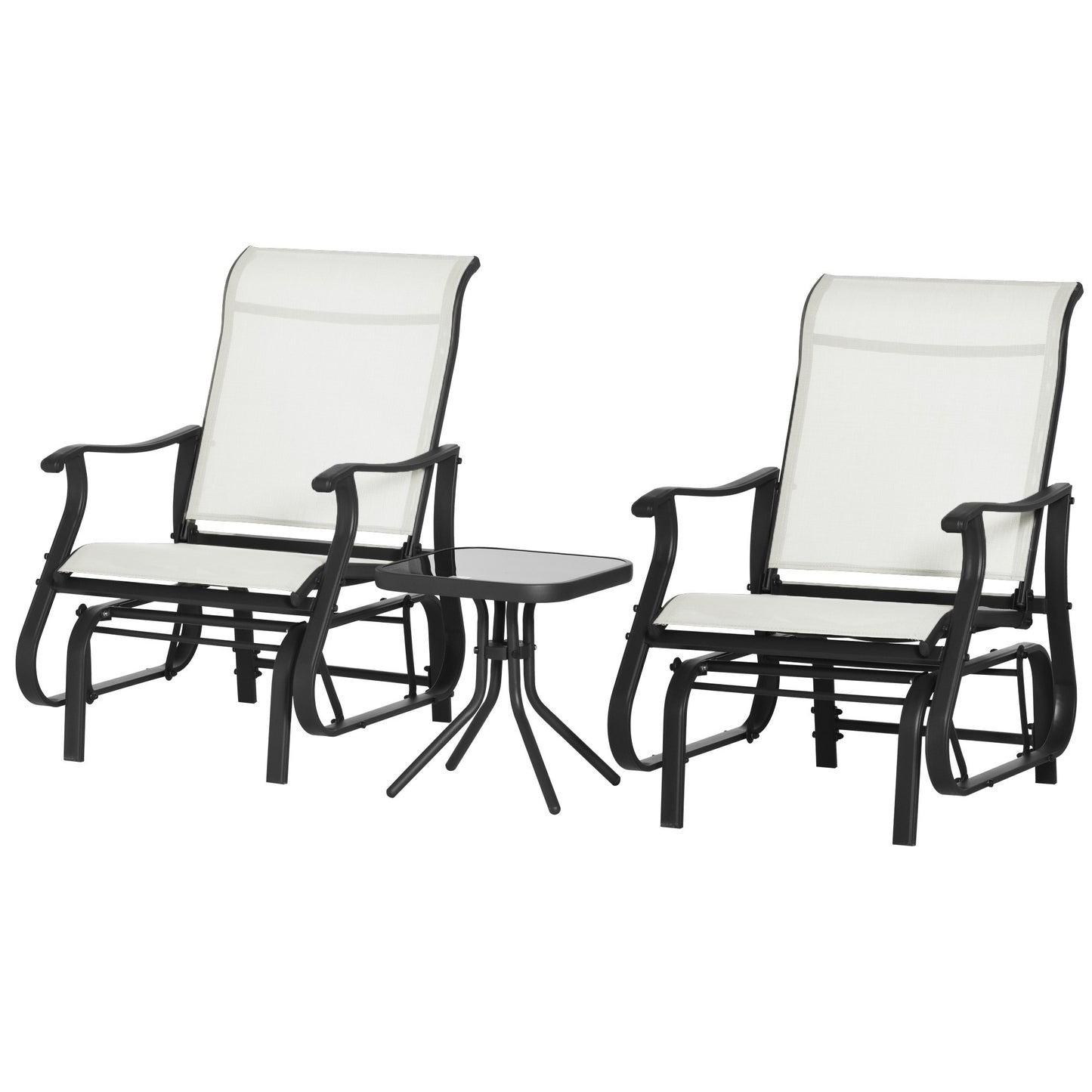 3-Piece Outdoor Glider Set with Steel Frame and Glass Table - Cream White