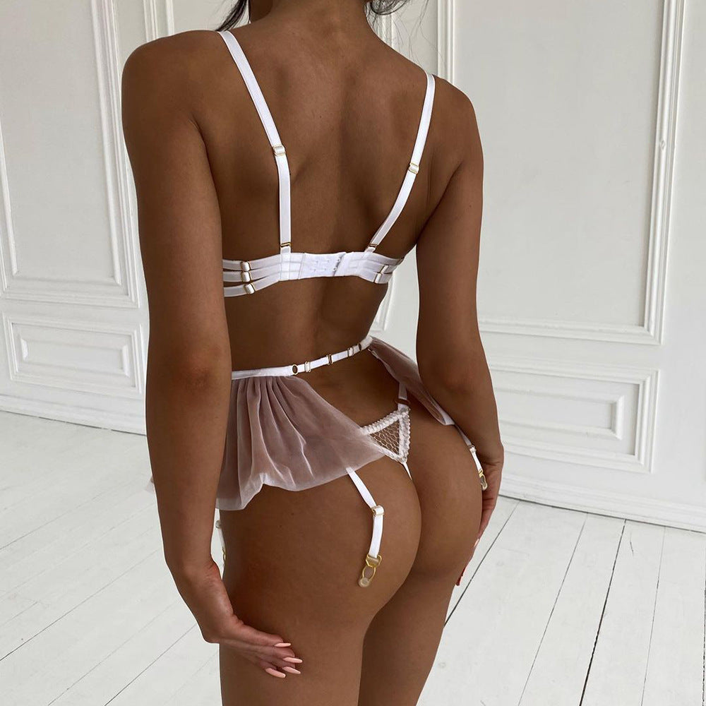 Women's Lace Suspenders Thong Set - White, Multiple Sizes