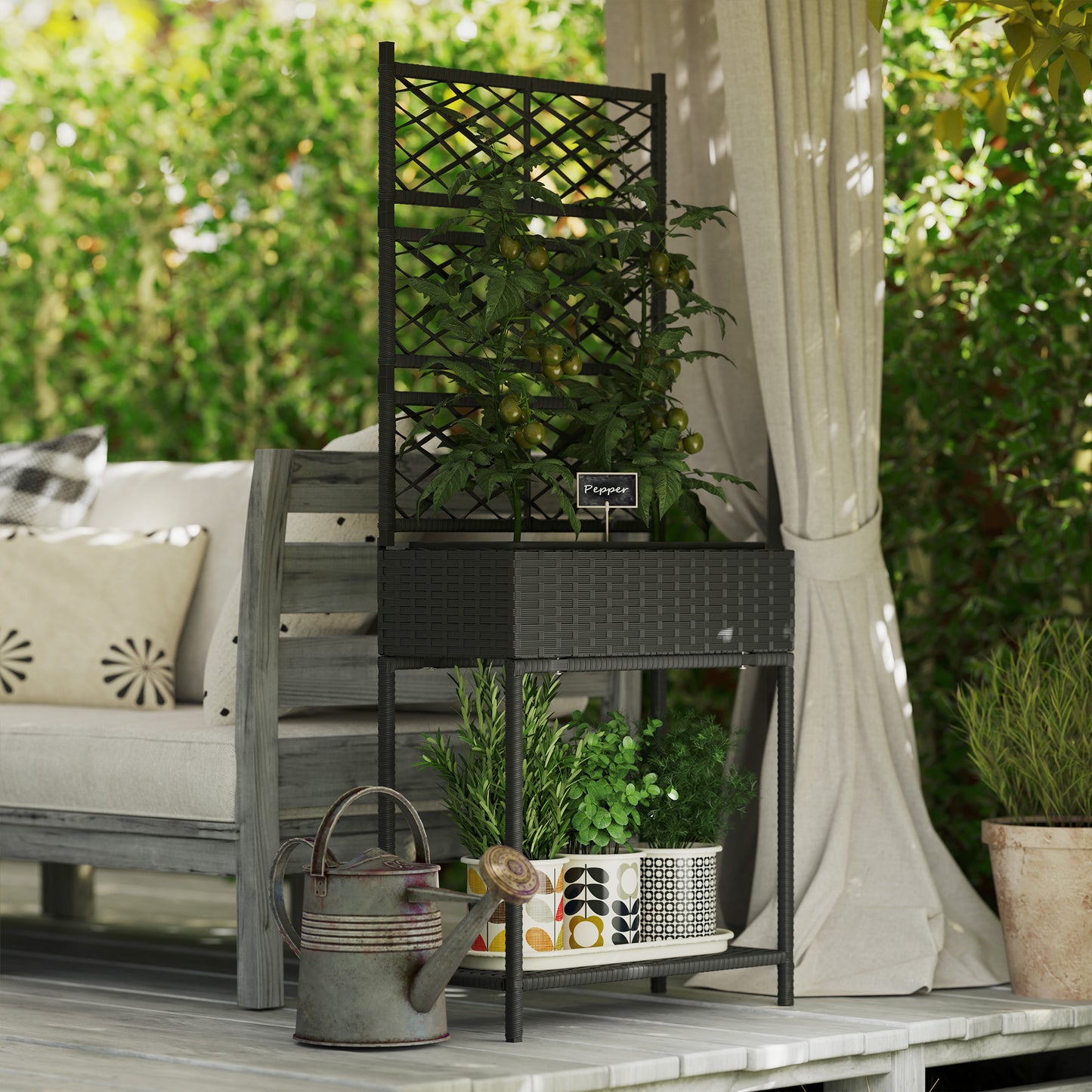 Outdoor Wicker Planter with Trellis and Storage Shelf - Black Garden Box