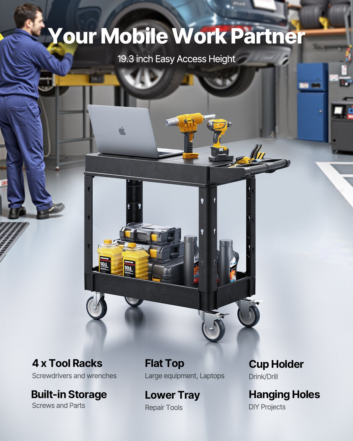 Heavy Duty Utility Cart with 2 Shelves and Wheels - Black, 550 Lbs Capacity