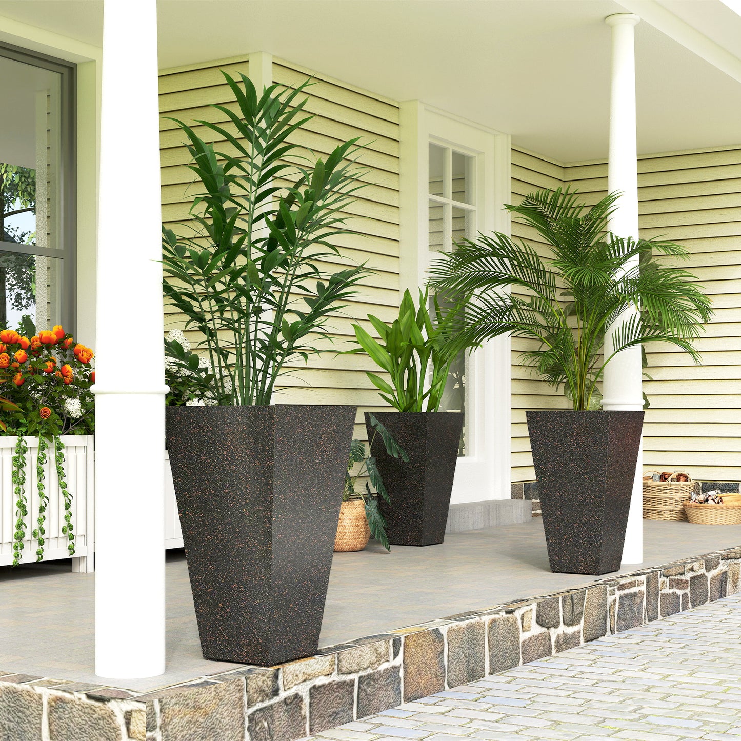 28-Inch Tall Plastic Planters Set of 3 with Marble Finish and Drainage Holes
