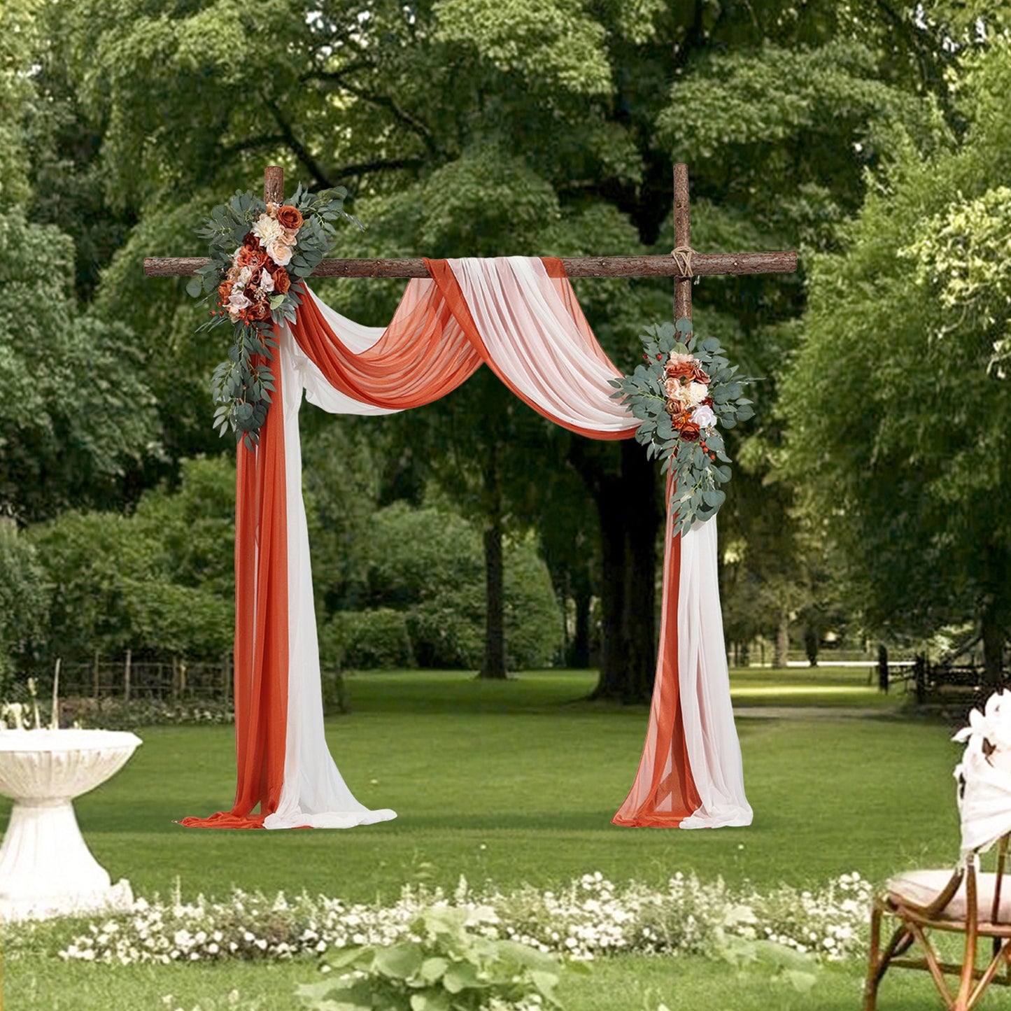 Artificial Wedding Arch Flowers Kit with 21ft Draping Fabric - Burnt Orange