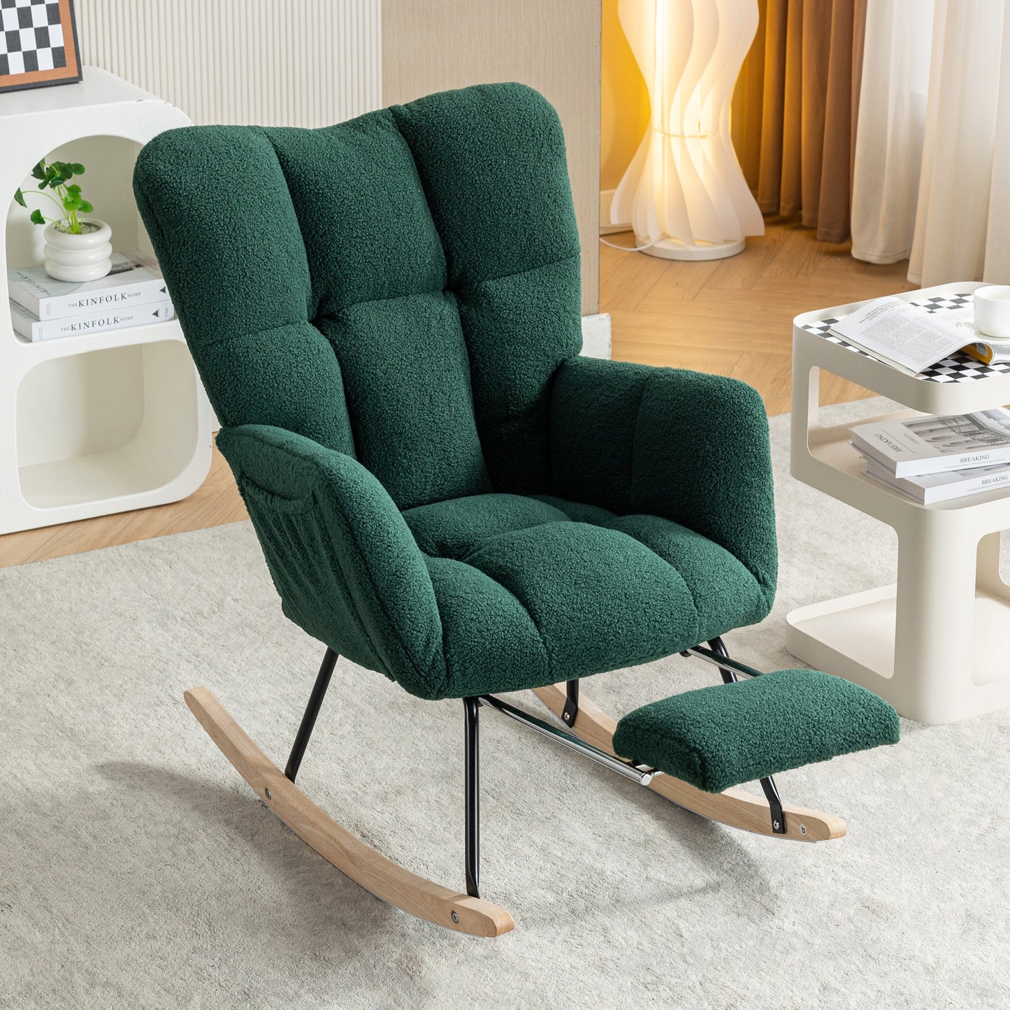 Teddy Fabric Rocking Chair with Adjustable Footstool - Green
