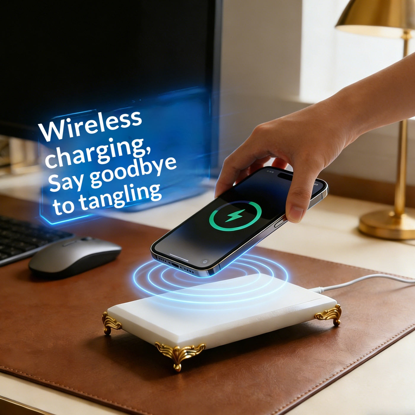 Natural Marble Wireless Charging Stand - Elegant Home Office Accessory
