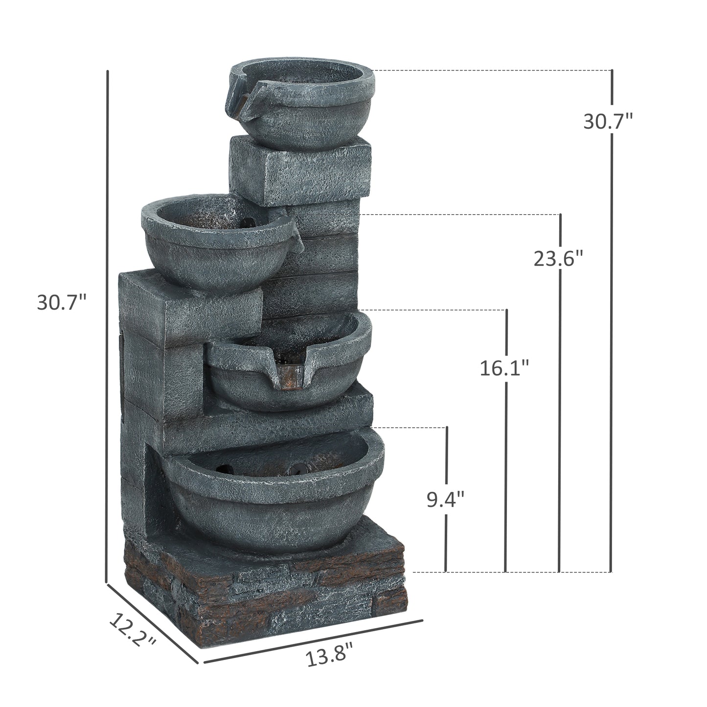 30-Inch Outdoor Waterfall Fountain with LED Lights, 4-Tier Resin Cascading Water Bowls
