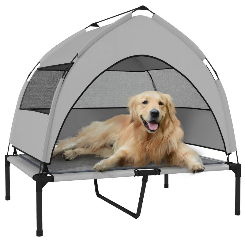 Outdoor Elevated Dog Bed with Canopy and Cooling Pad - Portable Waterproof Pet Cot