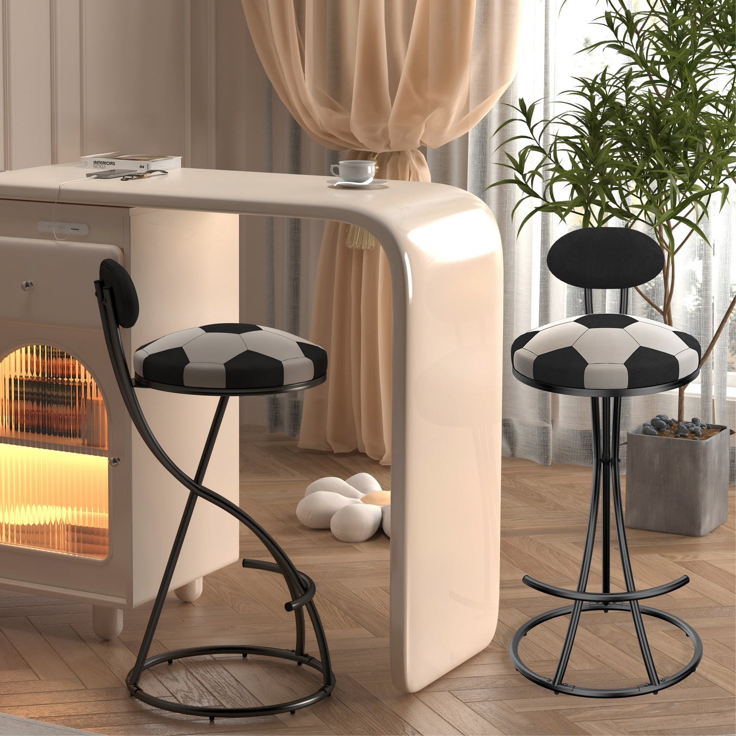 Upholstered S-Shaped Barstools Set of 2 - Velvet Football Print