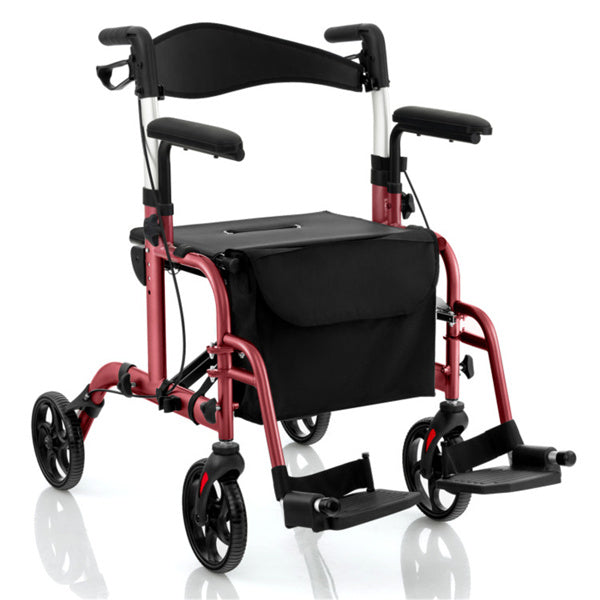 2-in-1 Rollator Walker and Wheelchair - Adjustable Handles, 300lbs Capacity, Red