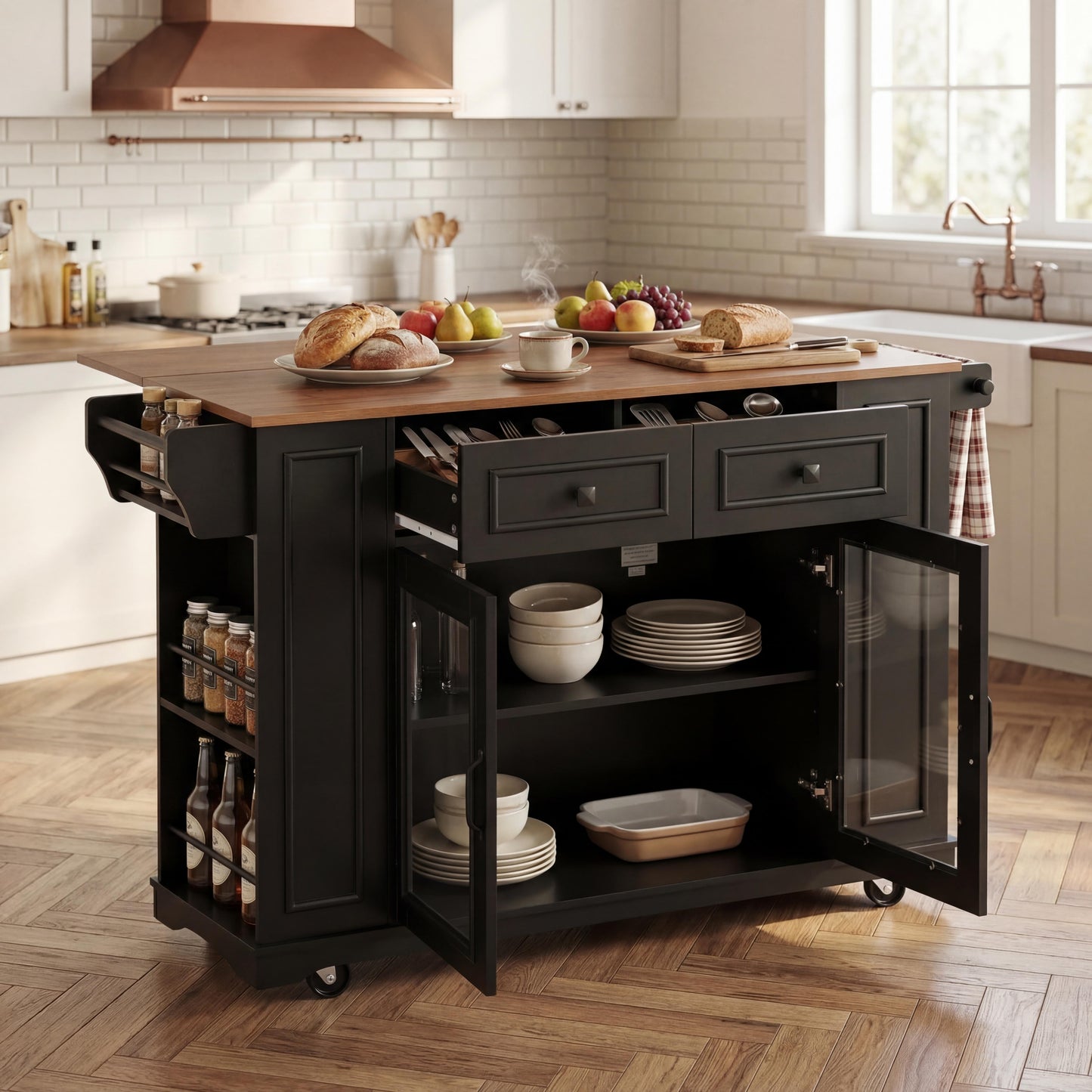 54" Mobile Kitchen Island with Glass Door Storage & Power Outlet