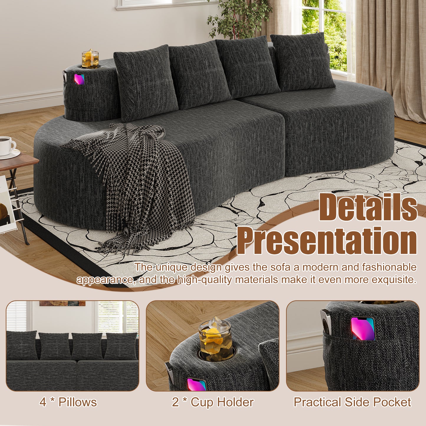 Modern Curved Sectional Sofa - 3 Seat Dark Gray Minimalist Design