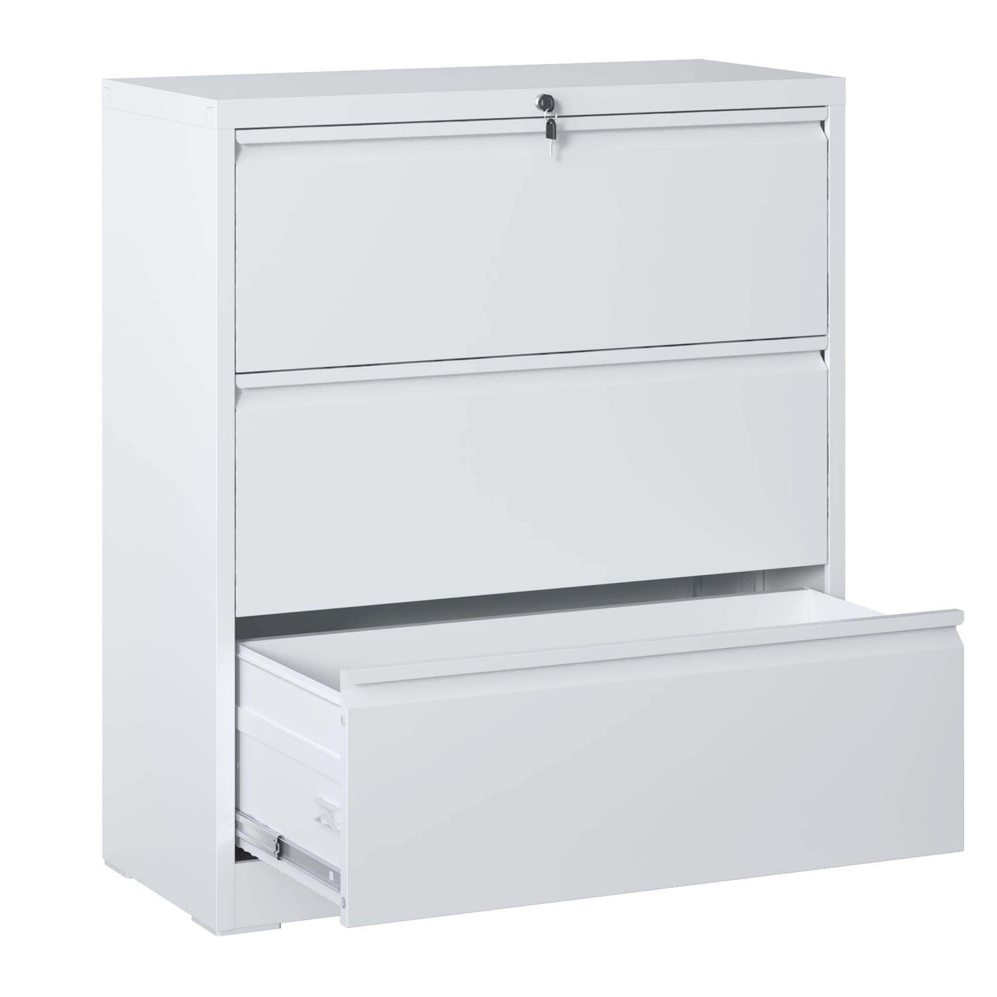 Lateral File Cabinet 3 Drawer, White Filing With Lock, Lockable For