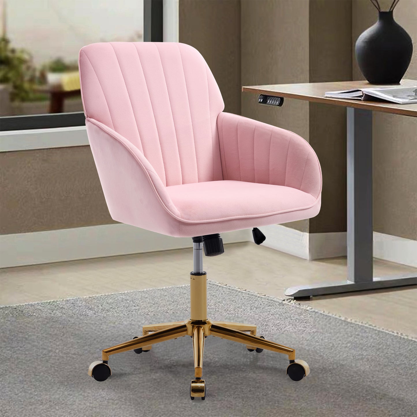 Ergonomic Adjustable Office Chair - Baby Pink Velvet