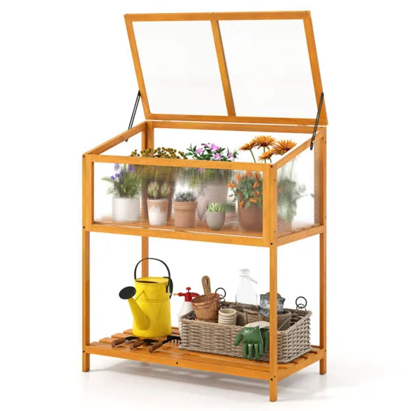 2-in-1 Elevated Greenhouse with Adjustable Roof & Slatted Shelf