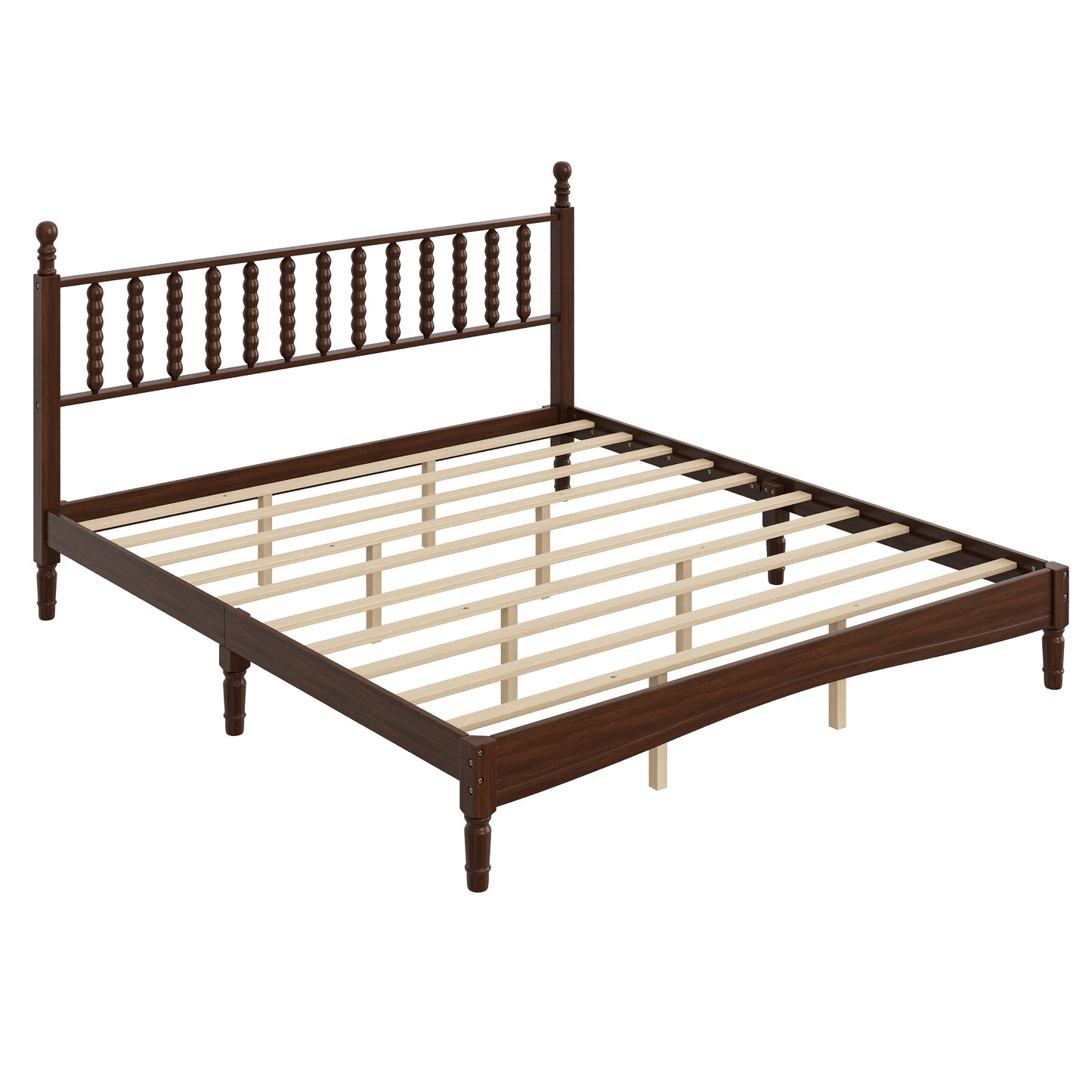 King Size Wood Platform Bed With Gourd Shaped Headboard,Retro Style