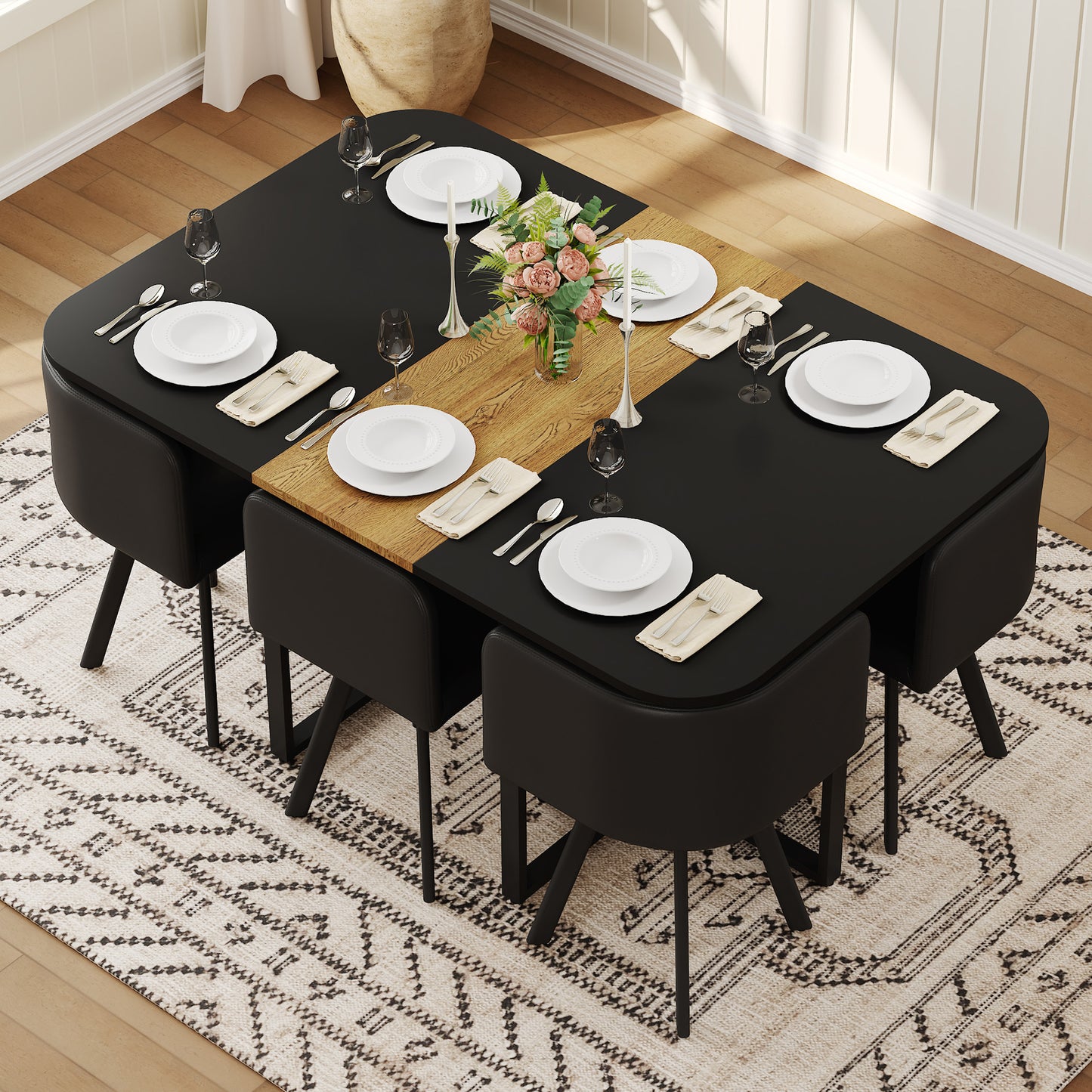 7-Piece Dining Table Set with 6 Black PU Chairs - Two-Tone Design