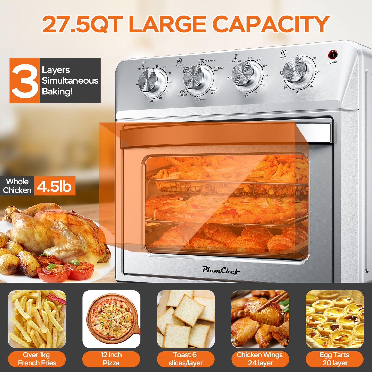 27.5QT 6-in-1 Air Fryer Toaster Oven - Stainless Steel