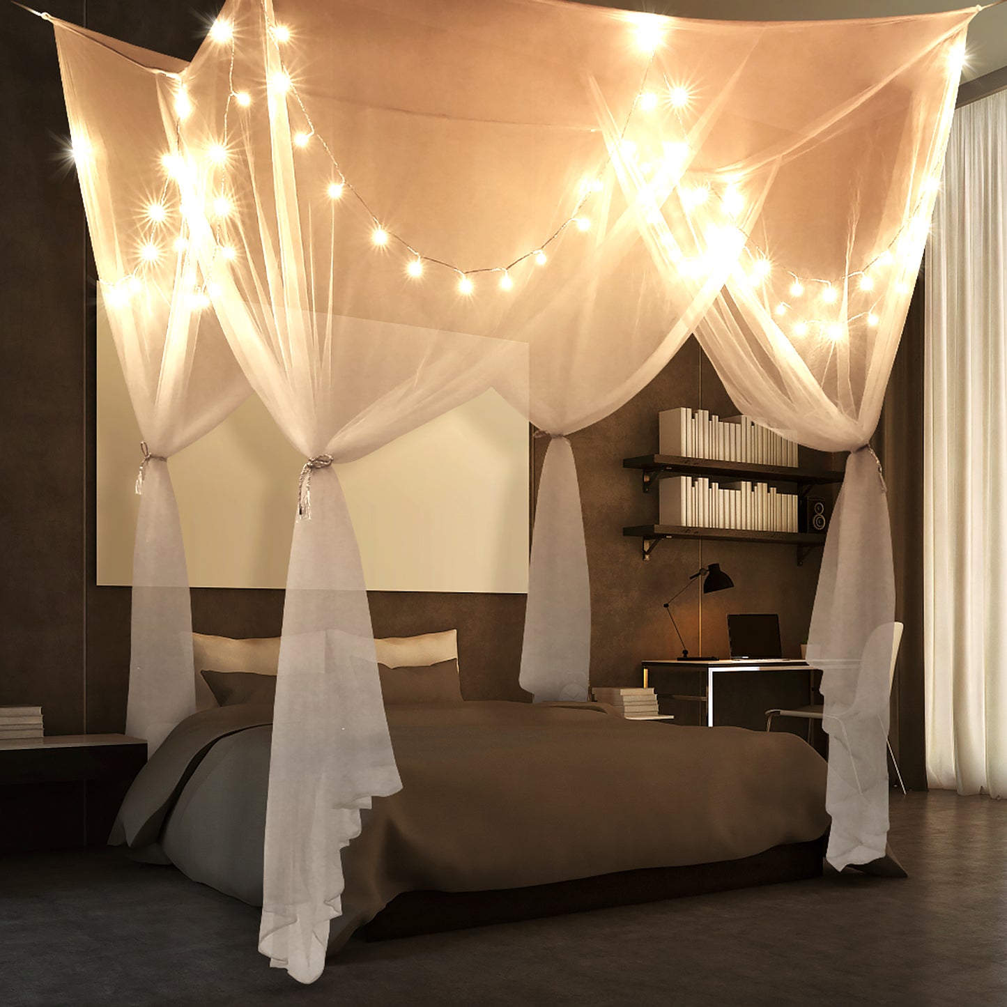 Bed Canopy Curtains 4 Doors Square Polyester Net Bedroom Decoration