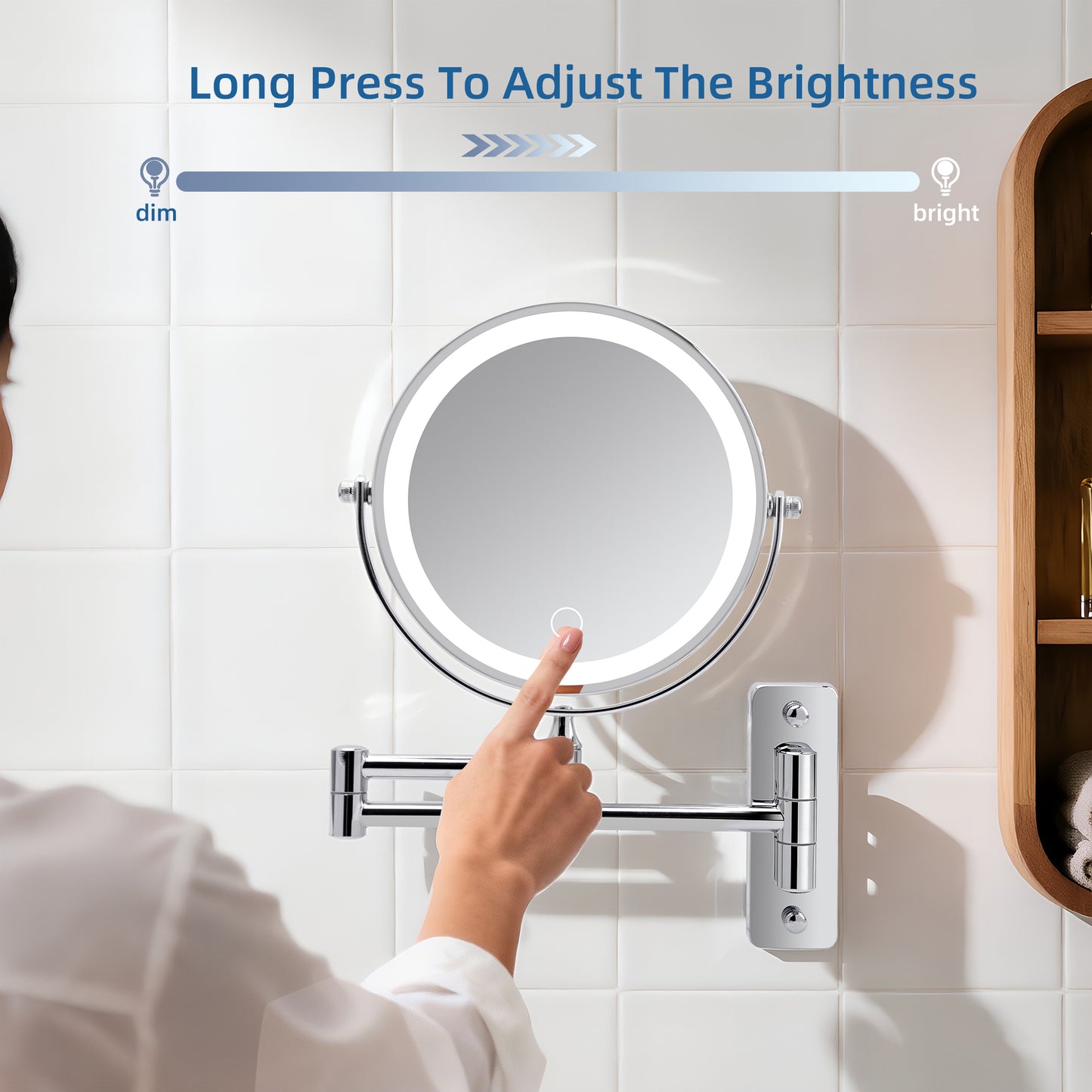 Wall Mounted Lighted Makeup Mirror - 1X/10X Magnification, Rechargeable, 3 Color Lights