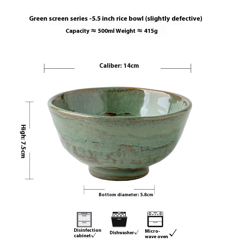 Ceramic Noodle & Rice Bowl Set - Green Glaze Kiln, 5.5 & 6.5 Inch