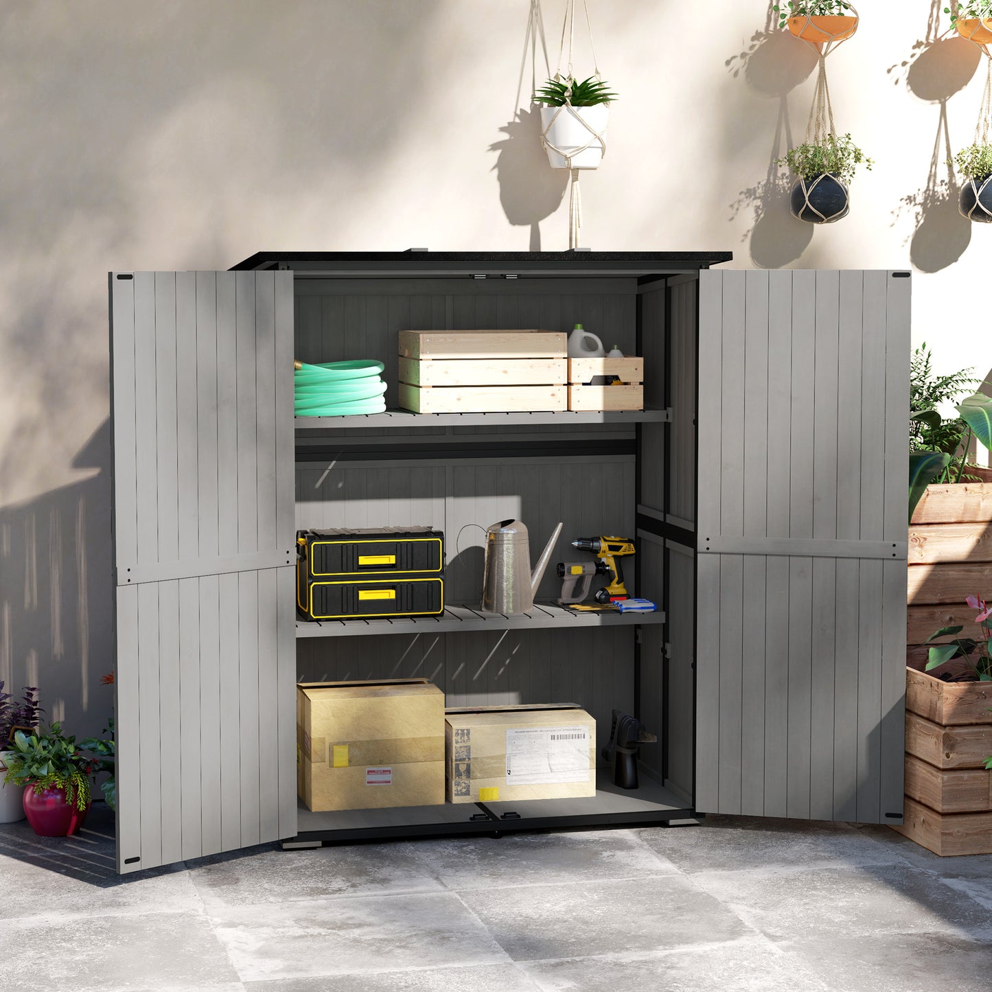 Wood Storage Shed, Outdoor Garden Shed With Asphalt Roof, 2 Shelves,