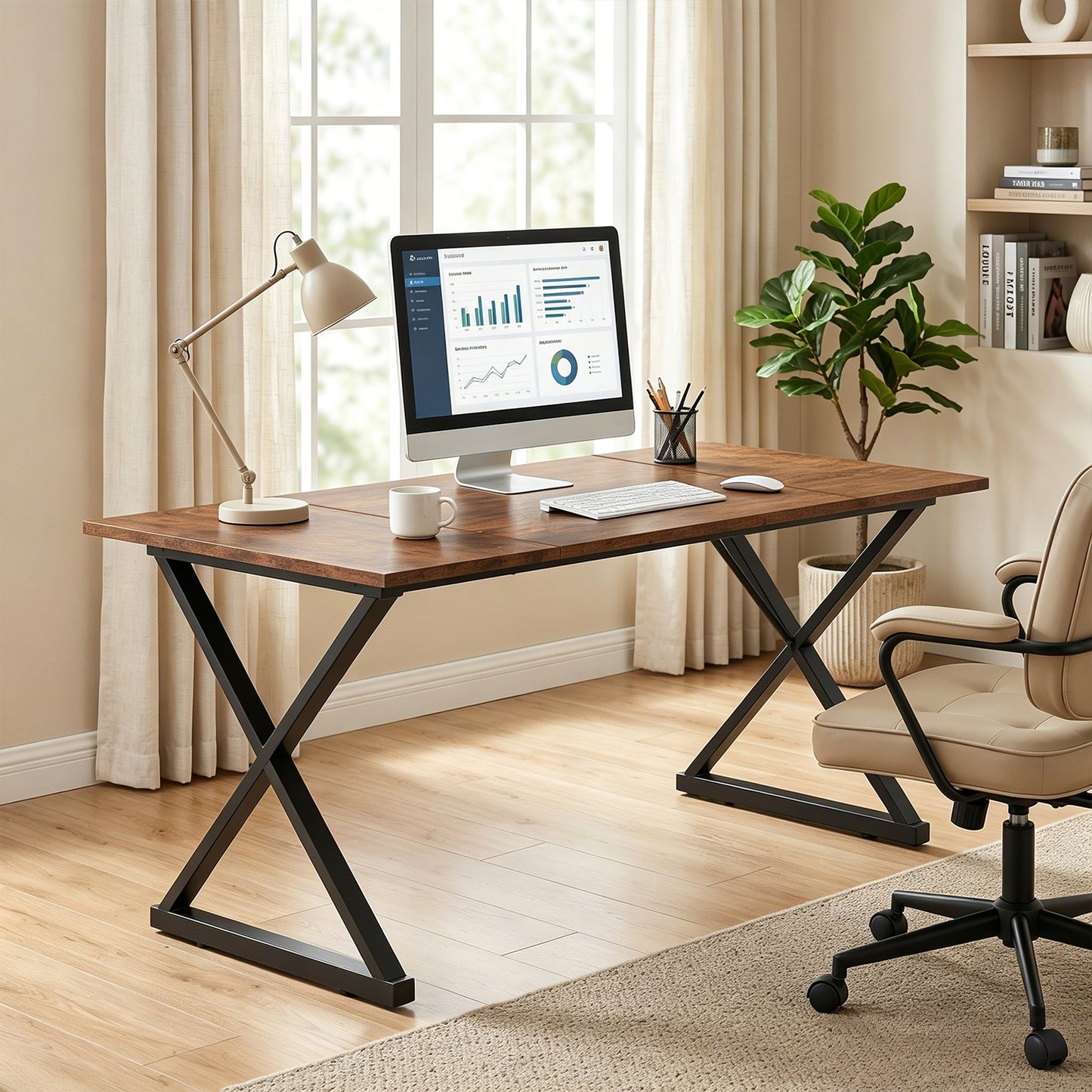 Executive Wooden Computer Desk - Ergonomic Writing Table with Metal Legs