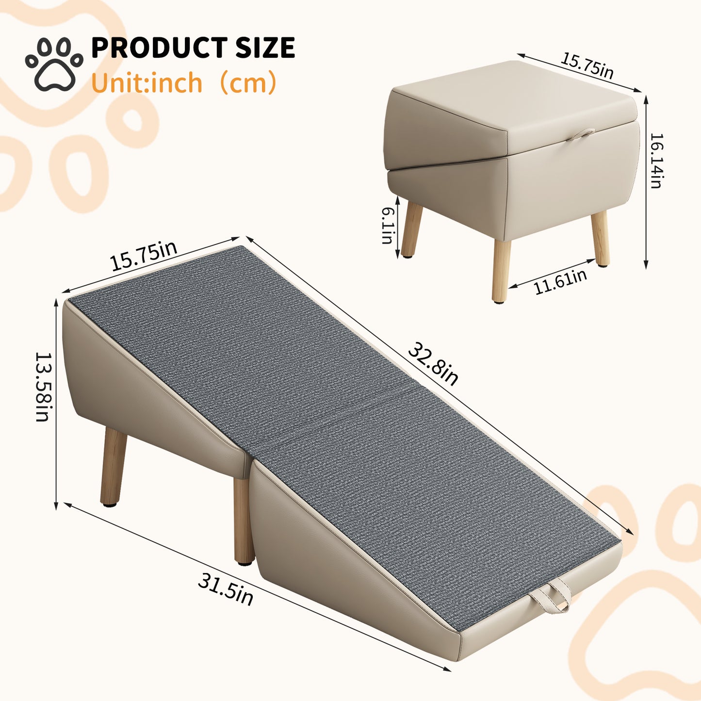 Foldable Wooden Dog Steps for Small Dogs and Cats - Non-Slip Ramp for Couch and Bed, Light Grey