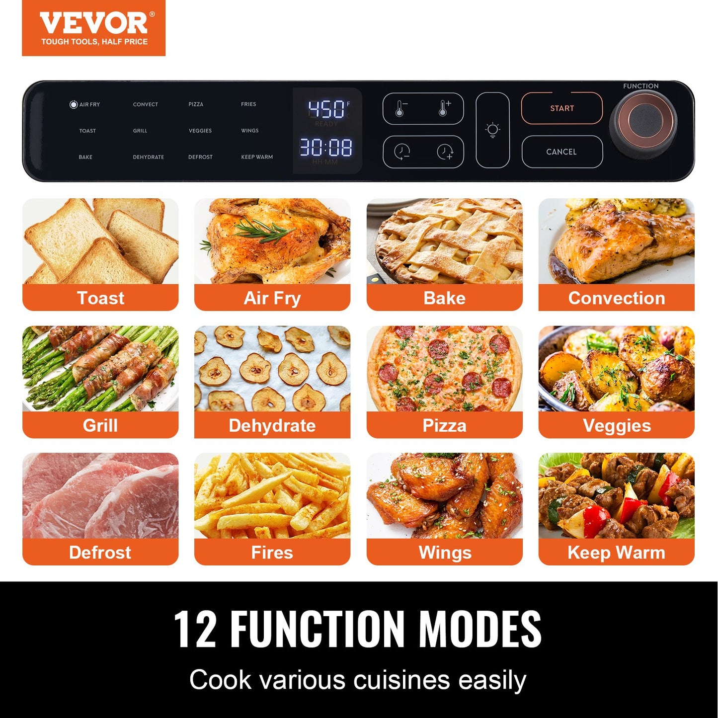 12-in-1 Air Fryer Toaster Oven 25L Convection Oven with Grill & Pizza Pan - Grey