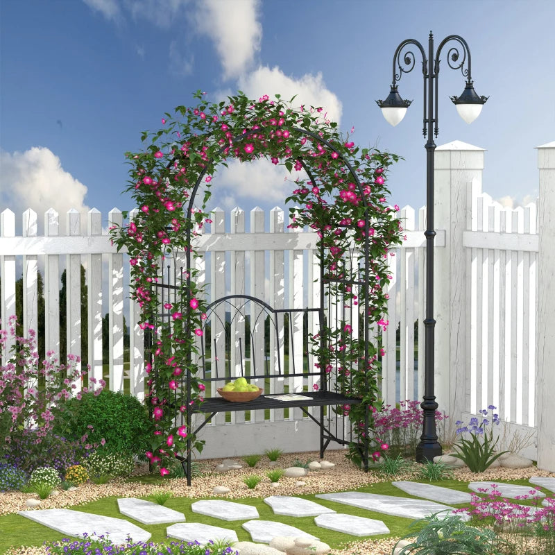 Outdoor Metal Trellis Arbor with Garden Bench for Climbing Plants, Black, 484 lbs Capacity