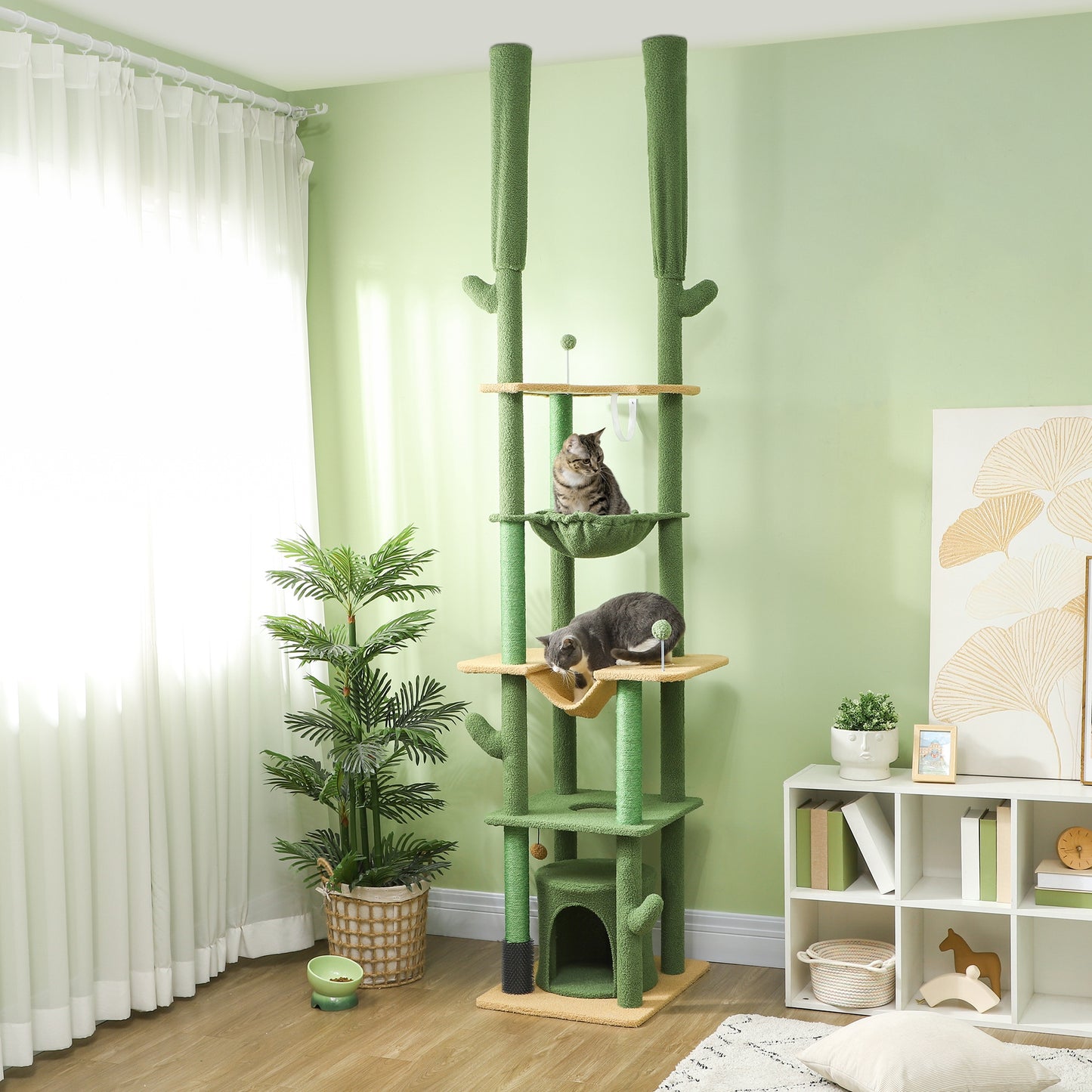 Adjustable Floor-to-Ceiling Cat Tree with Condos & Hammocks - Green