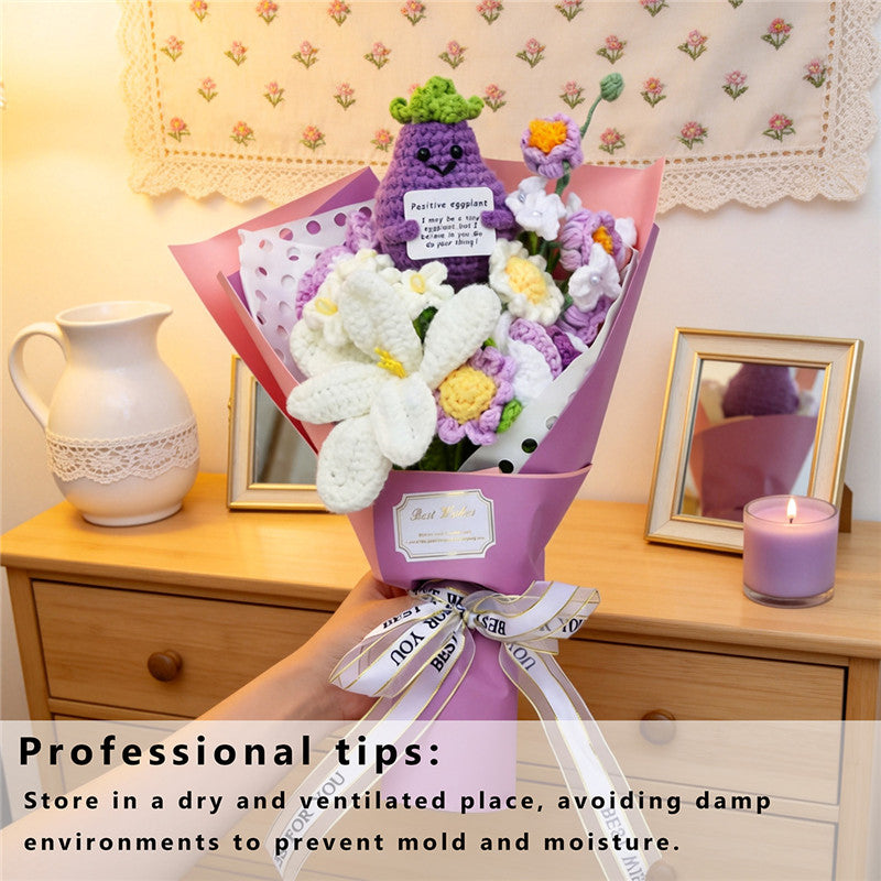 Crocheted Flower Bouquet with Eggplant Doll Lilies & Purple Flowers - Handmade Home Decor