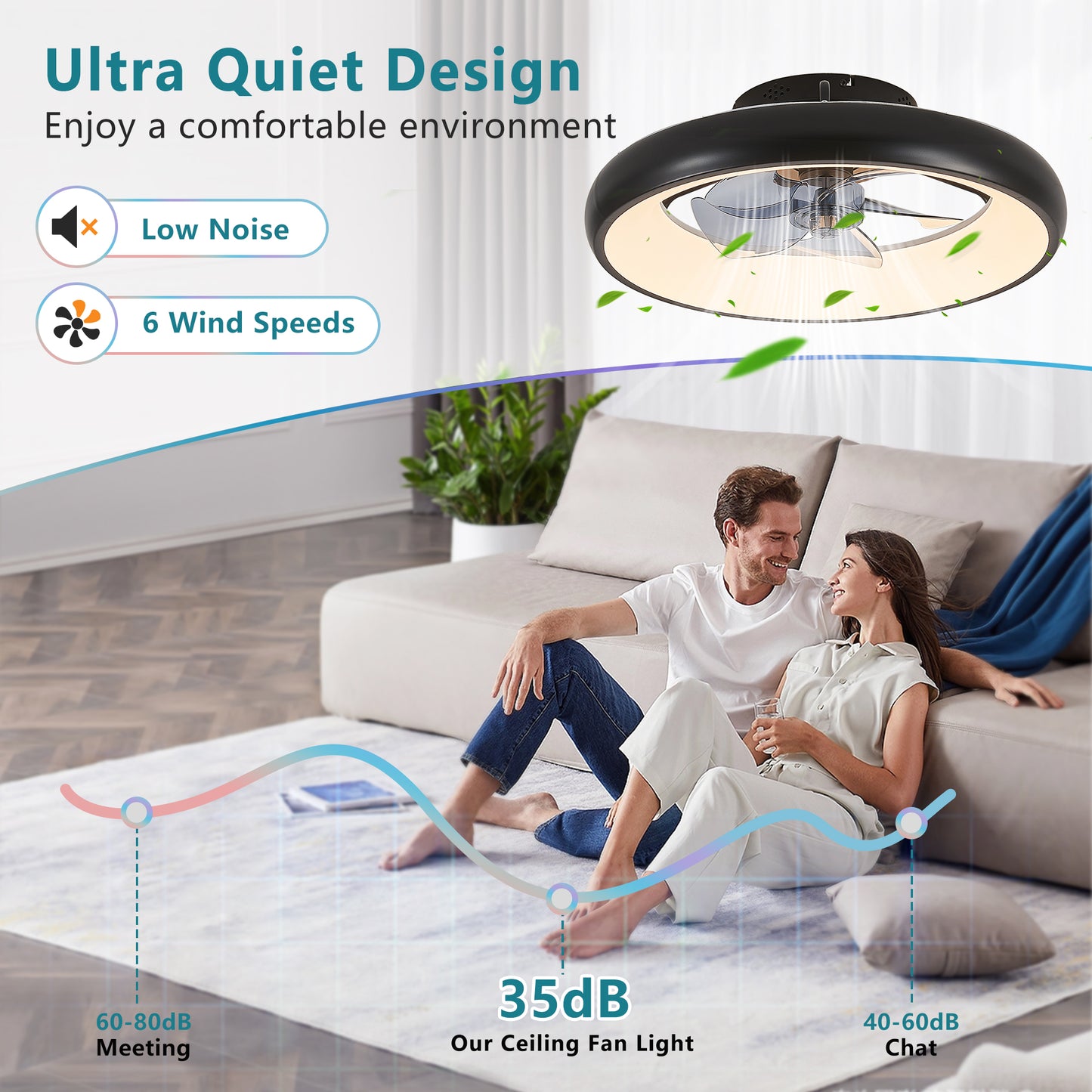Black LED Ceiling Fan Light with Remote Control - Dimmable, 6-Speed