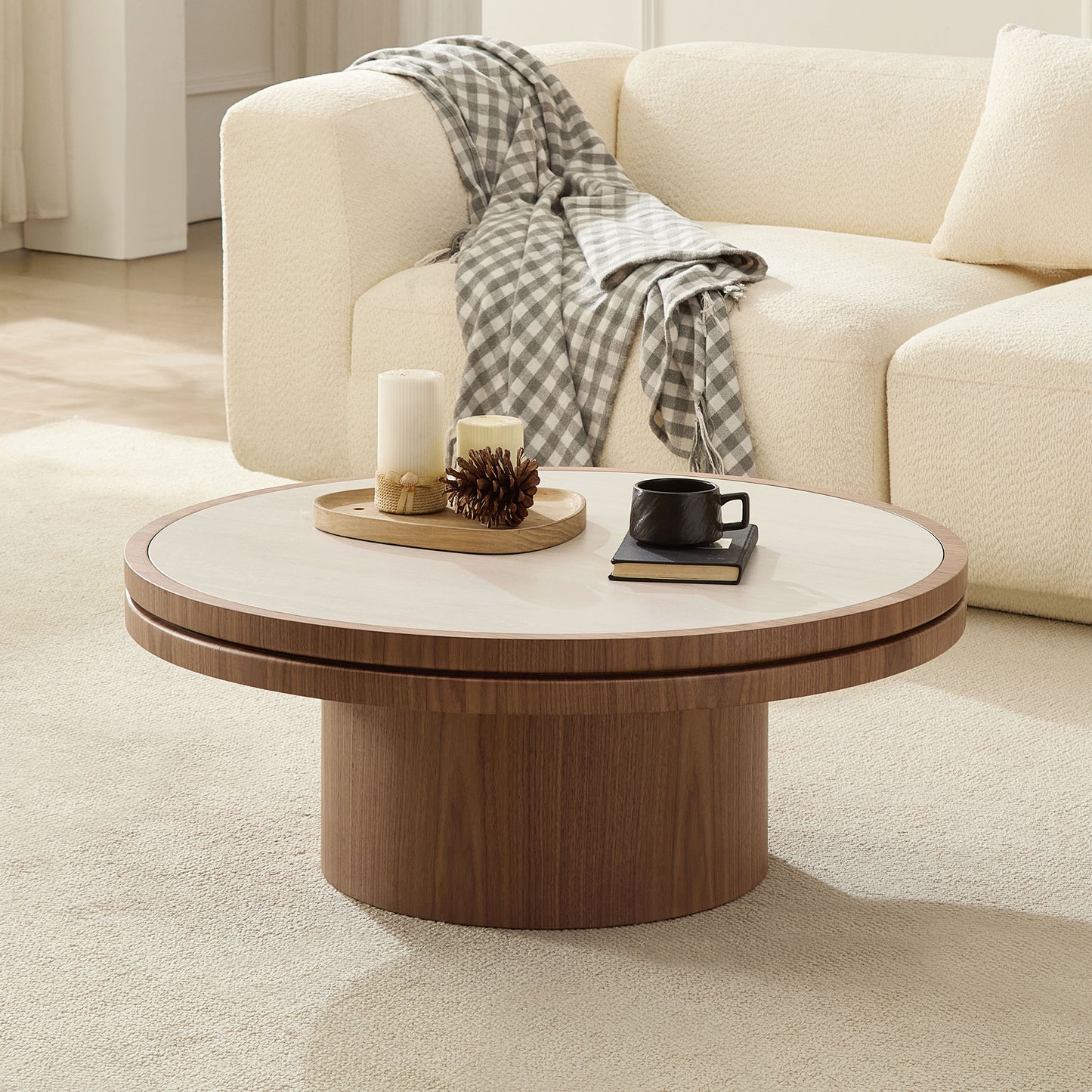 35.43-Inch Coffee Table with Sintered Stone Top - Walnut