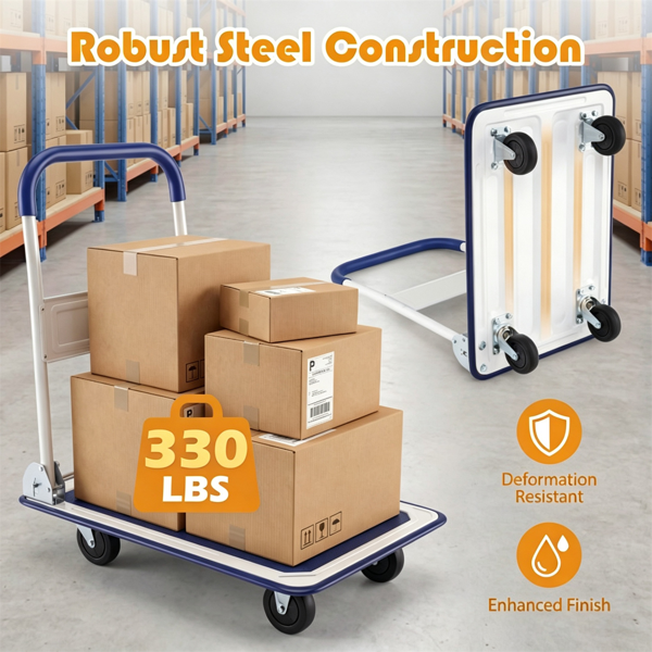 Heavy-Duty Folding Hand Truck with 330LBS Capacity and Shock-Absorbing PU Wheels