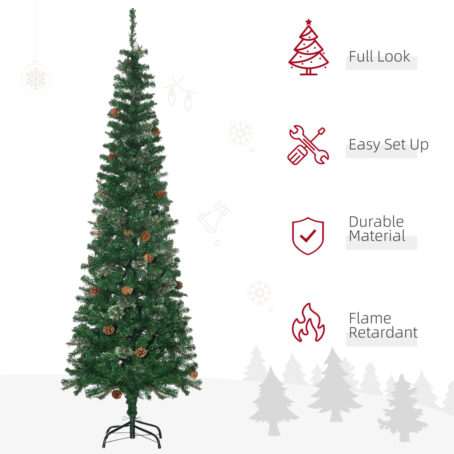 6.5-Foot Slim Pencil Christmas Tree with Pine Cones - Green