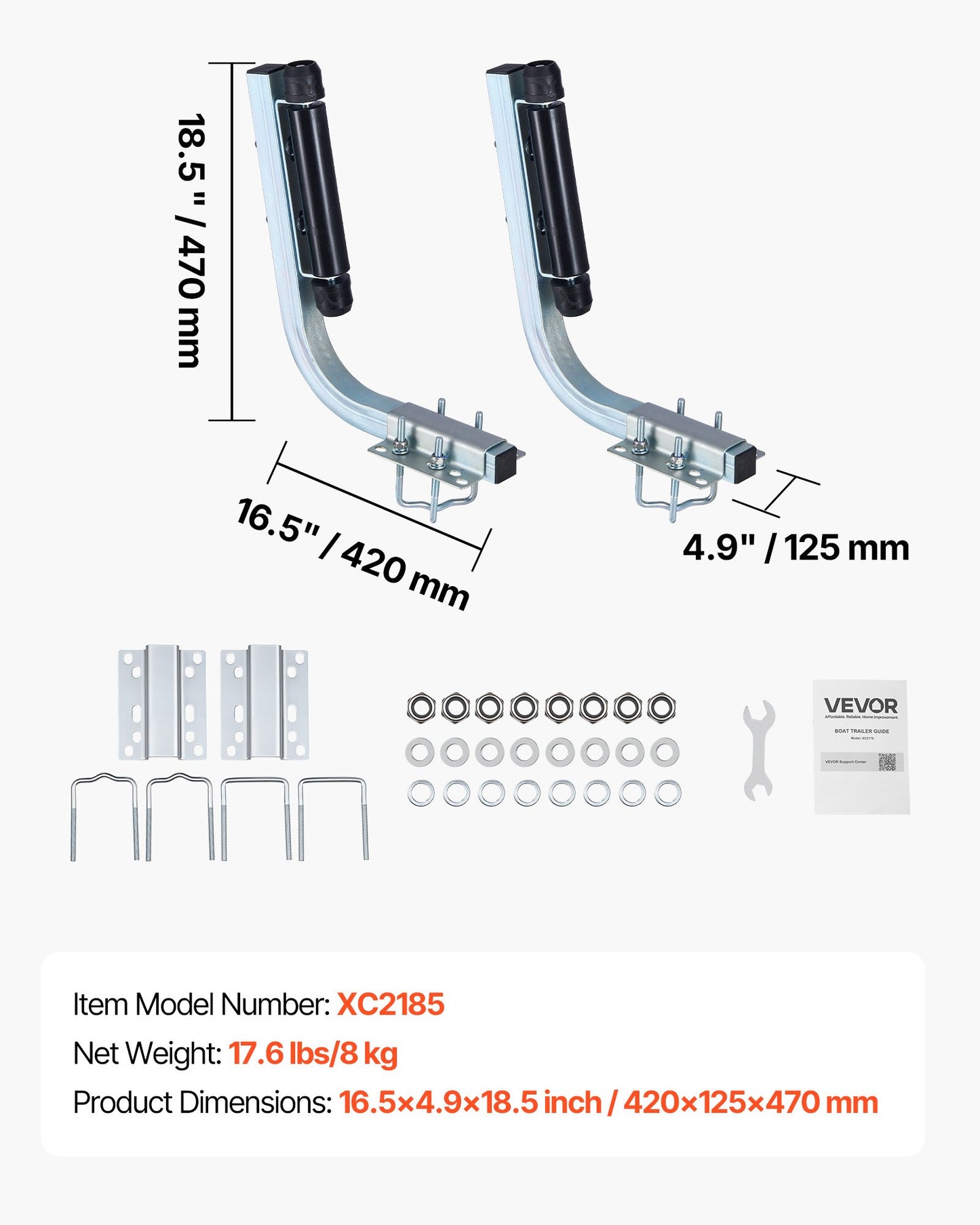 Boat Trailer Guides 18.5-20.5 Inch Height Adjustable Steel Guide-Ons with Rollers