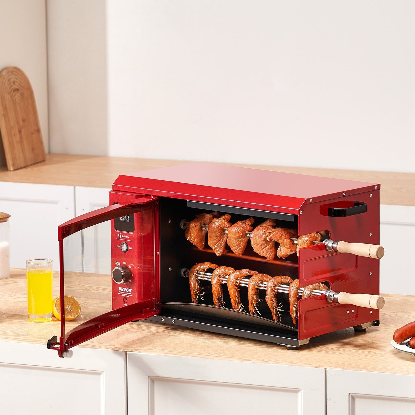 Electric Shawarma Grill Machine - 360° Rotisserie, Stainless Steel, Red