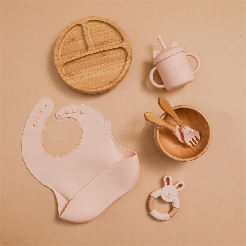 Baby Food Tableware Set Silicone Bib Plate Straw Cup Fork Spoon Kids Dining Kit