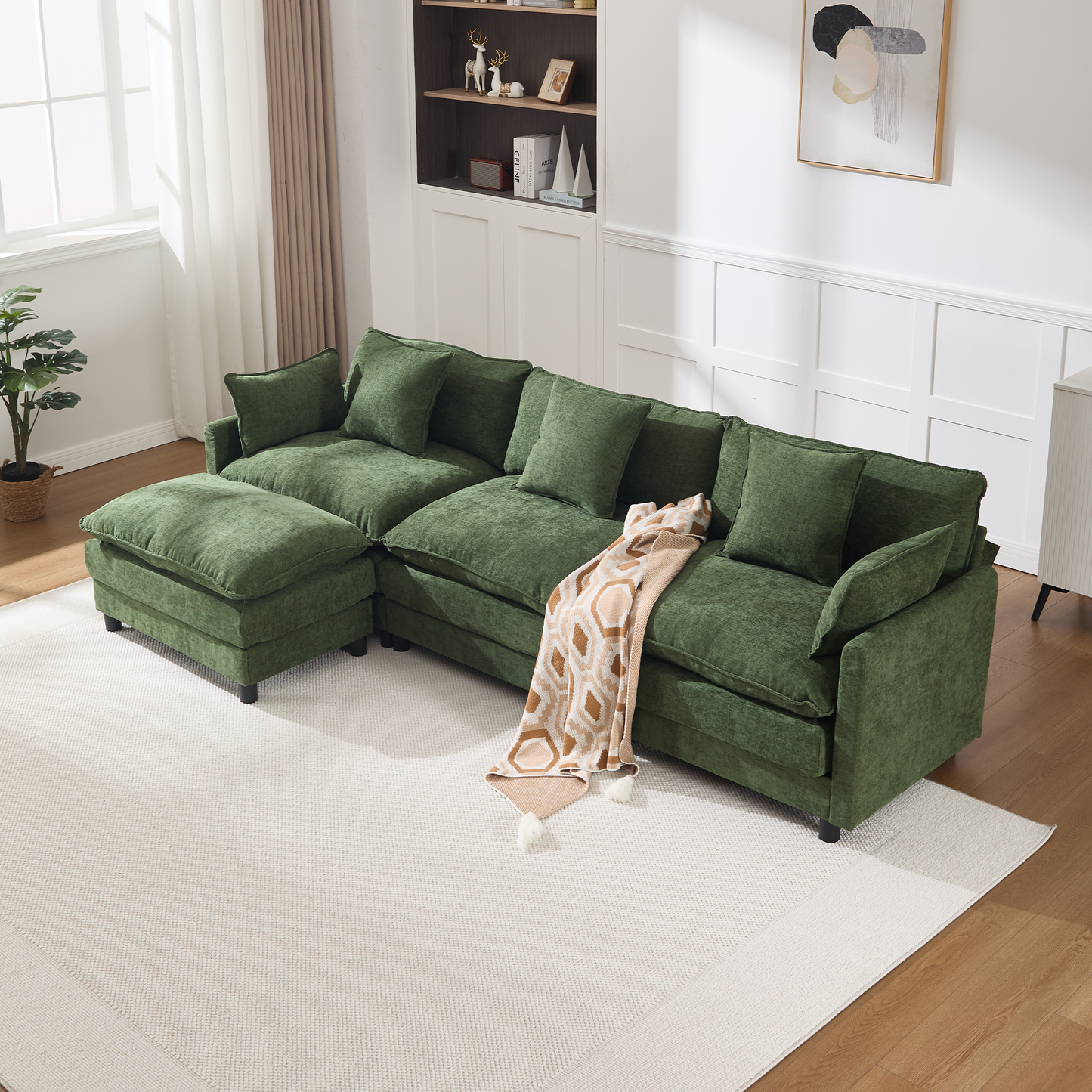 108" L-Shaped Modern Chenille Sectional Sofa with Ottoman - Green