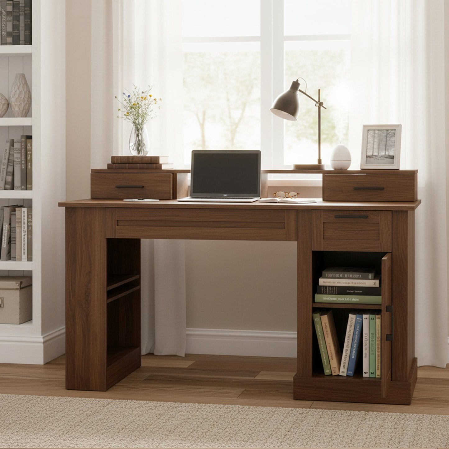 55" Farmhouse Office Desk with Storage & Charging Station - Dark Walnut