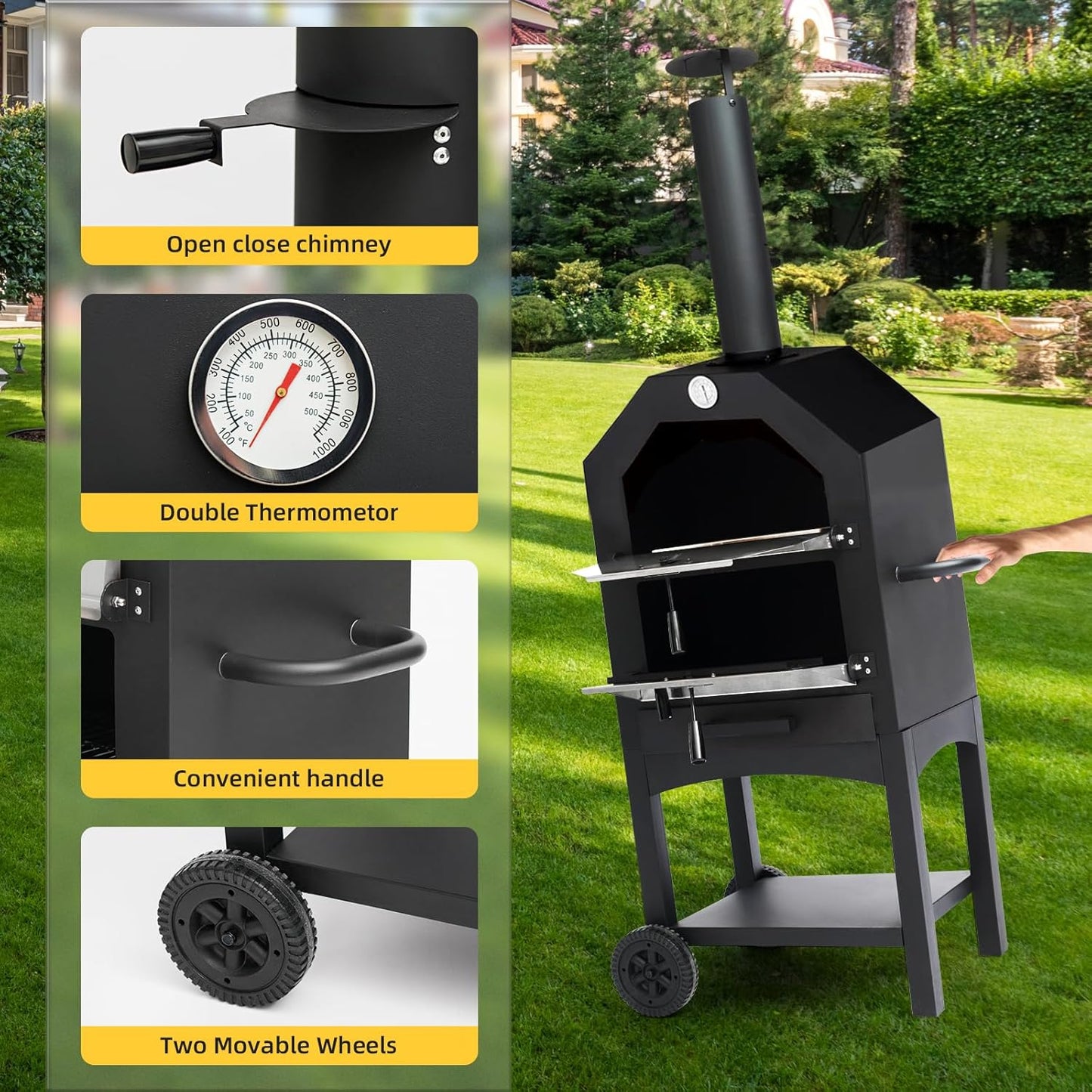 Outdoor Pizza Oven, Wood Fired Oven With Wheels For Outside, Portable