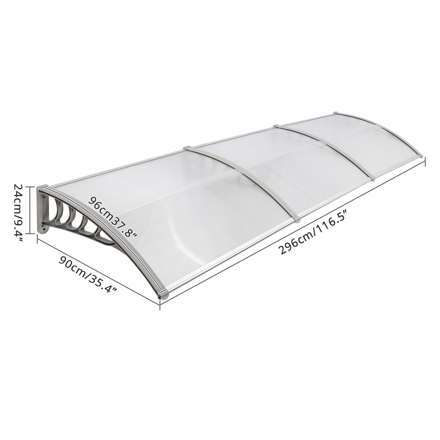 Outdoor Window Awning Canopy 120x38 Inch Polycarbonate Cover Sun Rain Snow Protection Grey