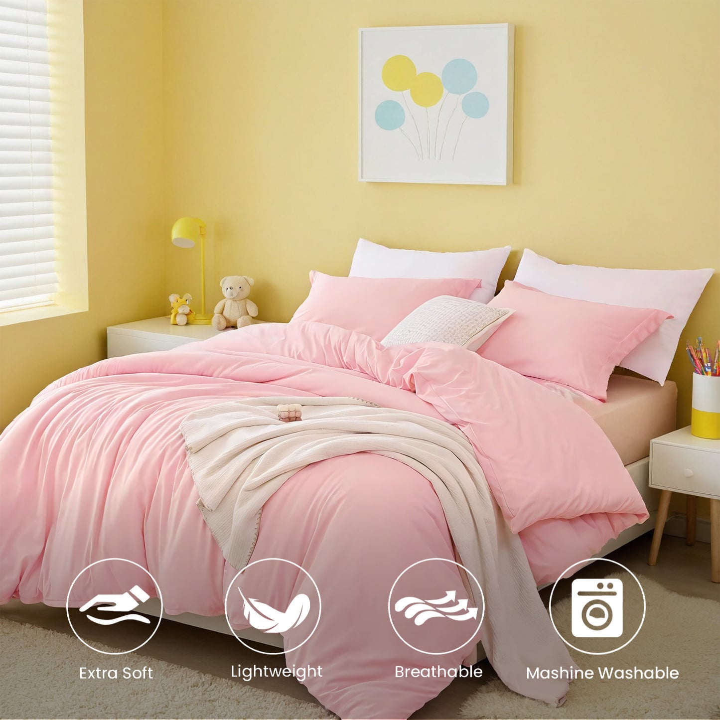 Extra Large Duvet Cover Set - White & Pink Microfiber Bedding