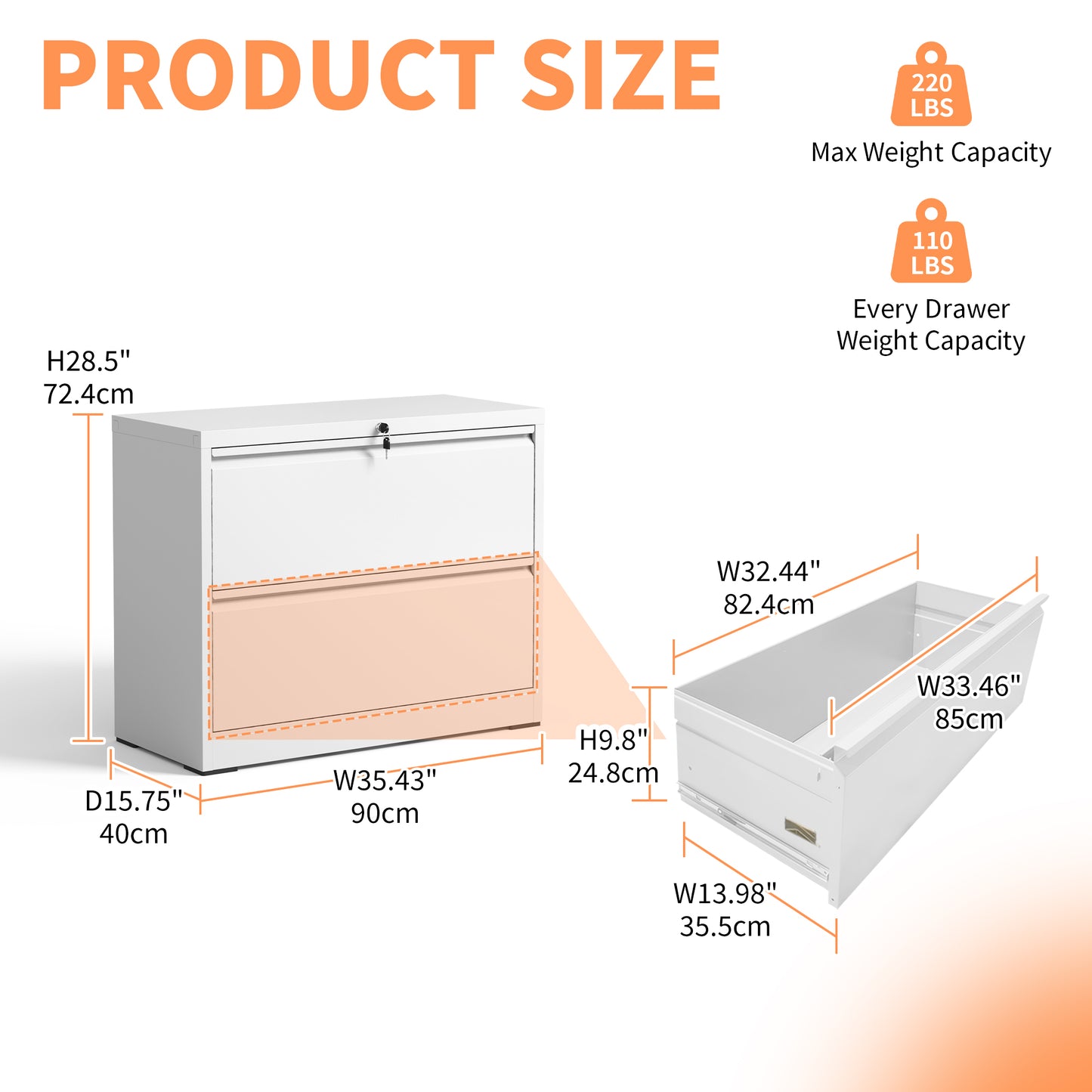 Lateral File Cabinet 2 Drawer, White Filing With Lock, Lockable For