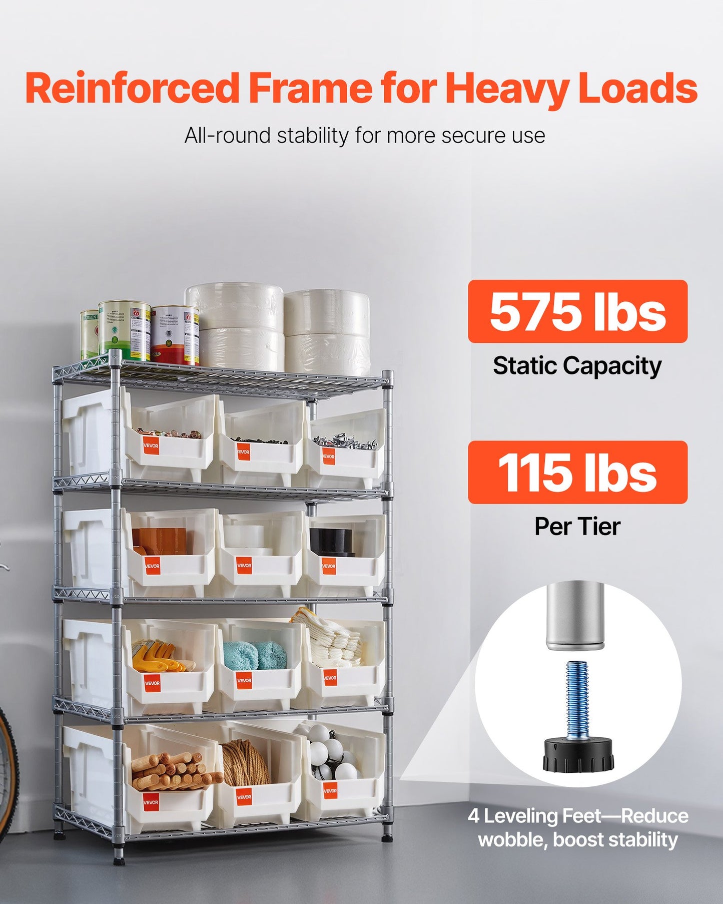 5-Tier Rolling Storage Rack with 12 Bins for Garage & Warehouse