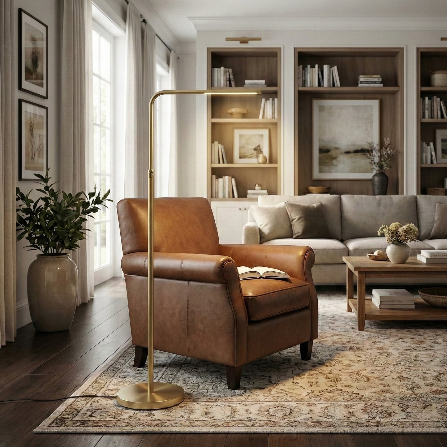 Verve Brassed Gold Floor Lamp With On Off Adjustable Led Round Base