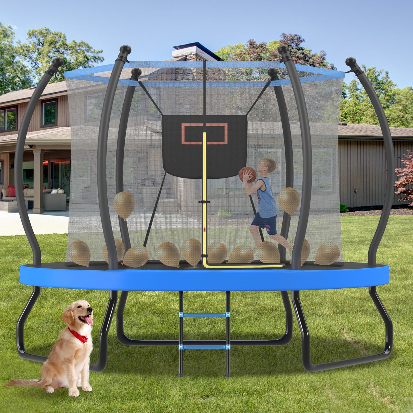 10FT Outdoor Trampoline with Basketball Hoop, Net & Ladder - Blue