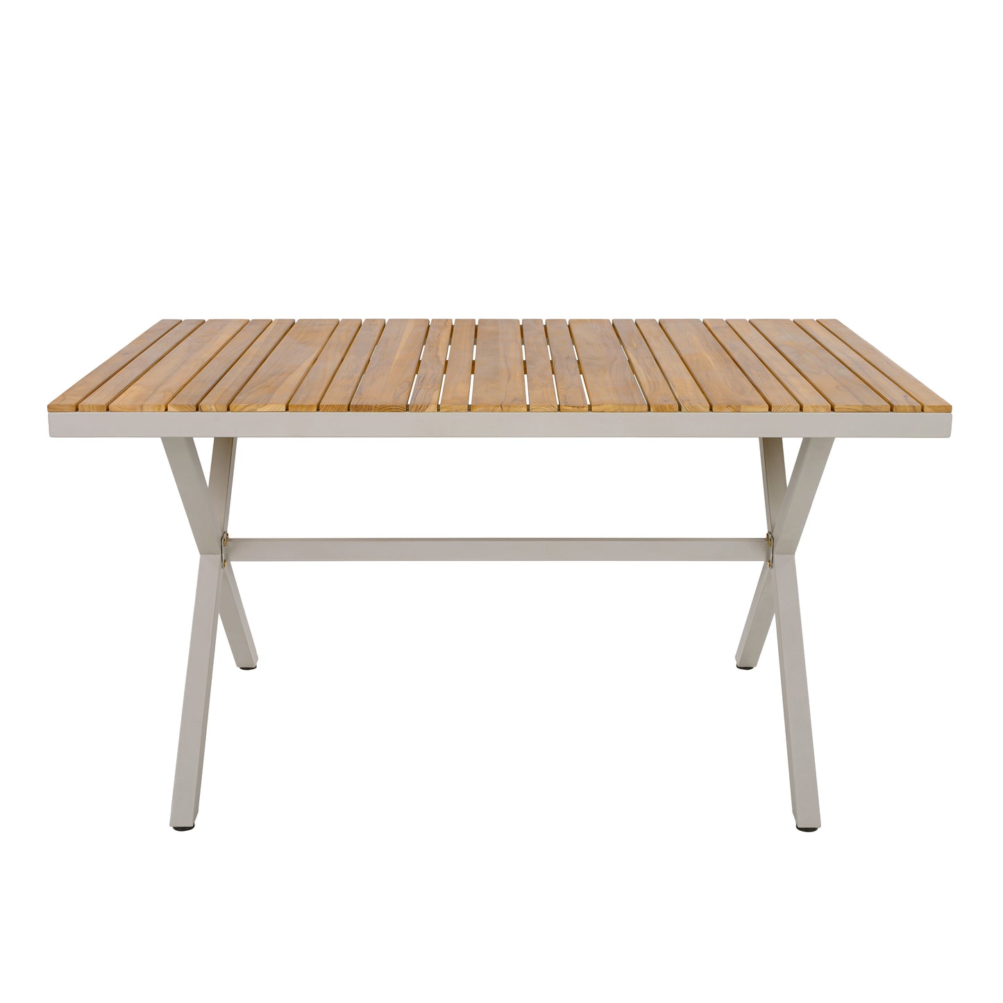 Teak Wood Top With Beige Steel Frame Outdoor Dining Table, 55.12